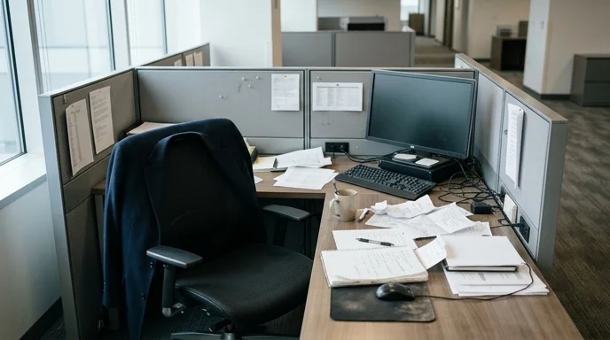 An empty office cubicle with a jacket draped over a chair and a cluttered desk.