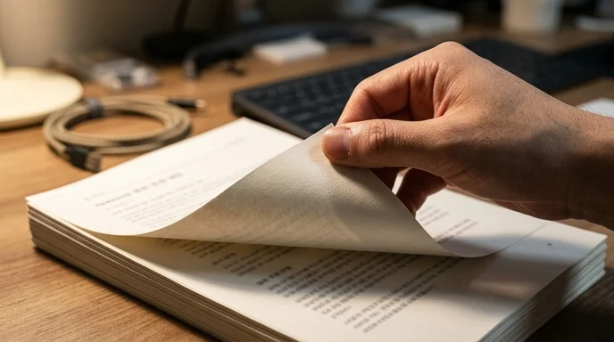 A Korean developer's hand turning a page of a printed document under warm desk lamp light.