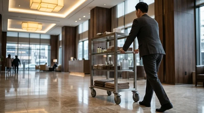 A Korean staff member pushing a display stand with caster wheels across a hotel lobby floor.