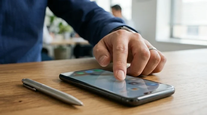 A Korean employee's hand taps the screen of a smartphone resting on a wooden desk next to a metal pen.