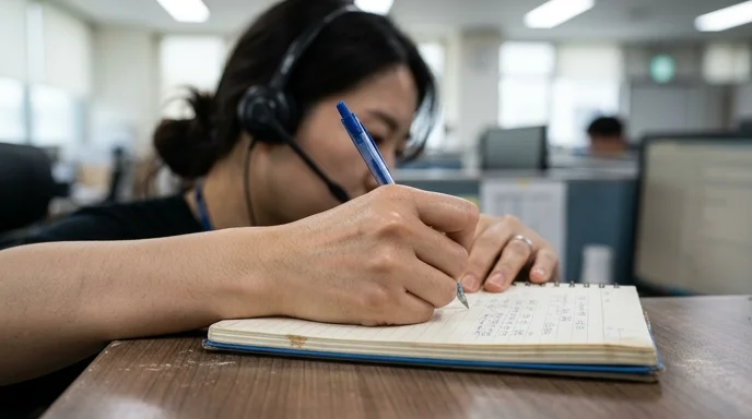 Close-up of a Korean customer support agent's hand writing on a notebook, wearing a headset out of focus in the background.