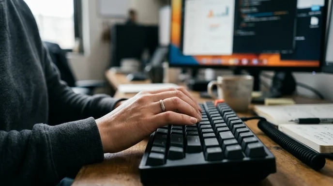 Close-up of a Korean marketer's hand typing on a mechanical keyboard with a blurred monitor in the background.