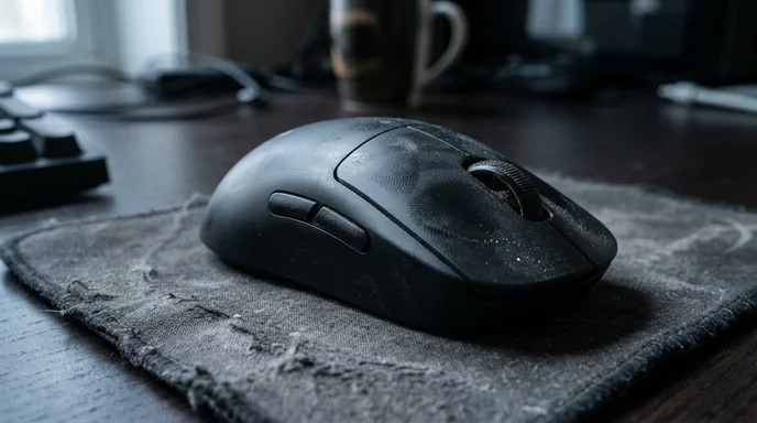 A smudged matte black wireless mouse resting on a worn fabric mousepad in a dark setting.
