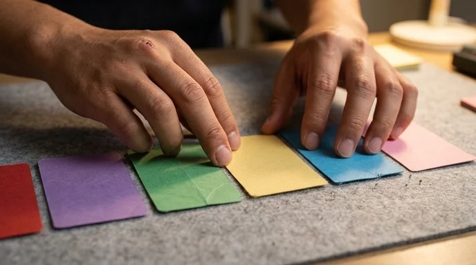 Two hands arranging a sequence of paper cards on a desk mat.