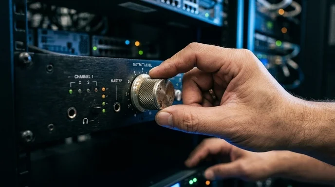 A Korean audio technician's fingers rotating a scratched metallic dial on the front panel of a media server.