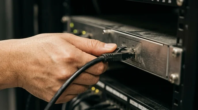A Korean IT manager's hand inserting a cable into a dusty port on a controller module within an equipment rack.
