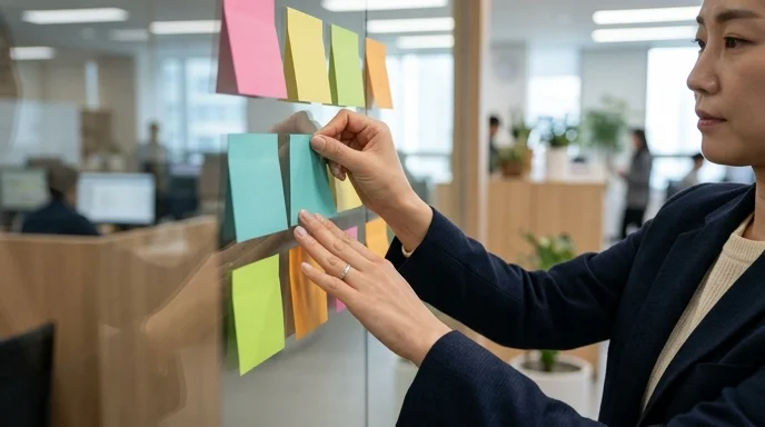 A Korean marketer's hands placing blank sticky notes on a glass wall.