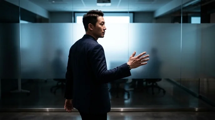 Silhouette of a Korean marketer gesturing in front of a frosted glass meeting room wall.