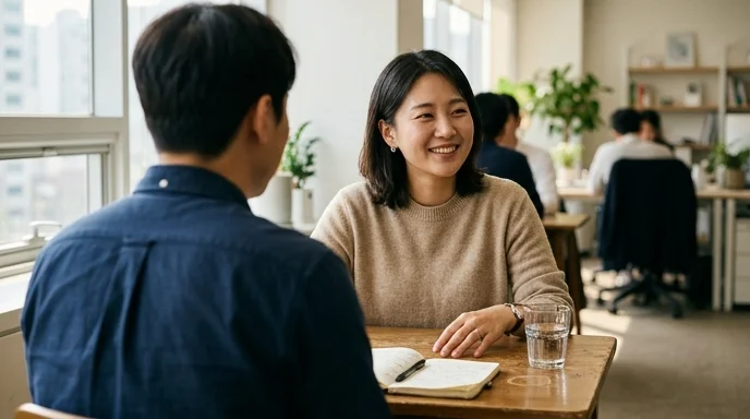 Two colleagues sitting at a table with one smiling softly over the other's shoulder in a well-lit office.