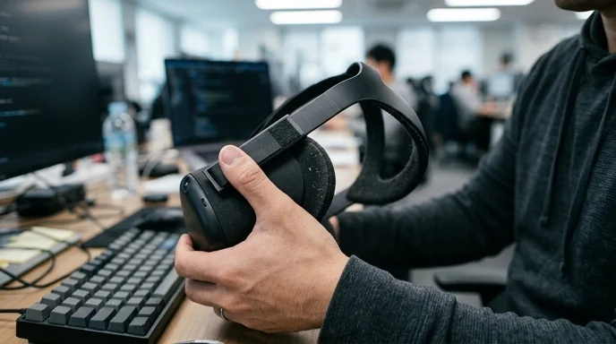 A developer's hand adjusting a black headset on a desk.