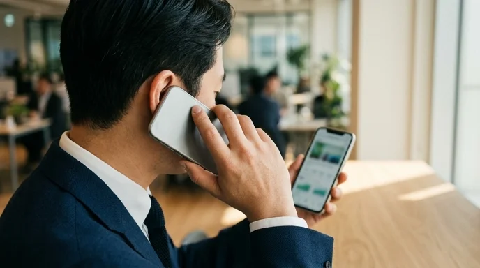 A Korean professional looking at a smartphone with out-of-focus screen content, viewed from over the shoulder.