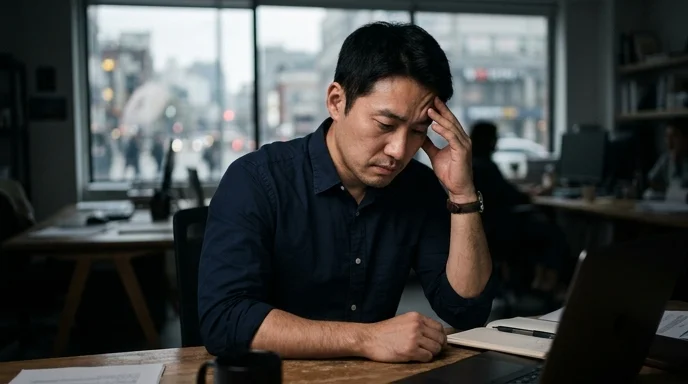 A Korean marketer pressing his fingers against his temple while looking downward in an office setting.