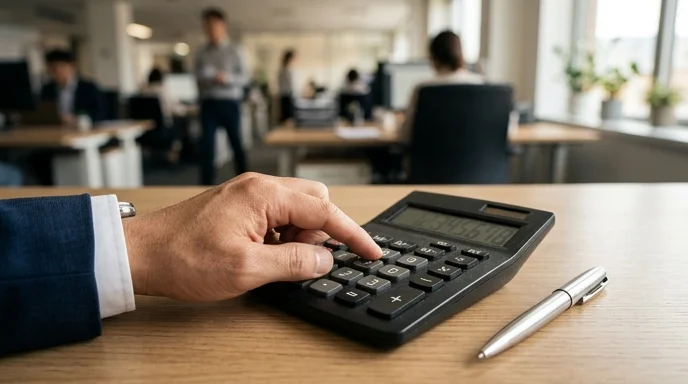 A Korean manager's hand pressing a button on a desk calculator under warm morning light.