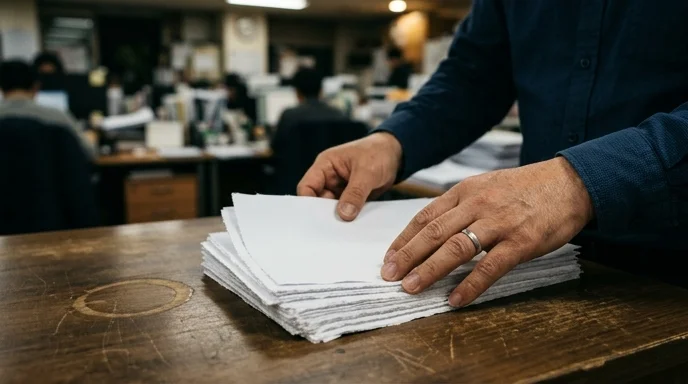 A Korean agent's hands organizing a stack of printed flyers on a desk with a coffee ring.