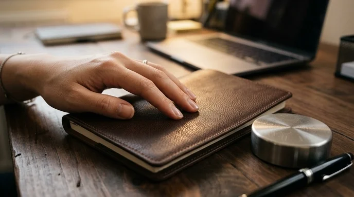 A Korean employee's hand touching a premium leather diary on a wooden desk with a metal paperweight.