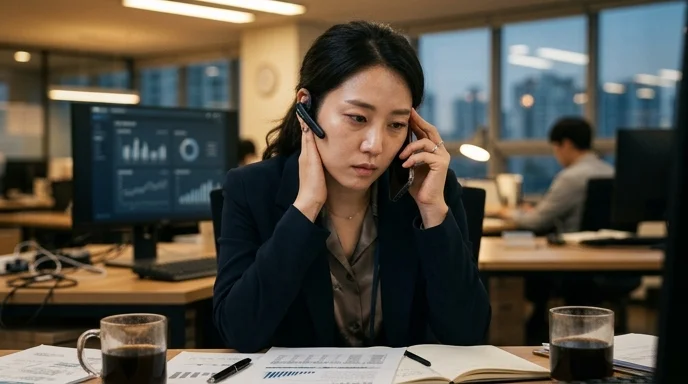 An analyst pressing fingers against her temple during a phone call at a desk.