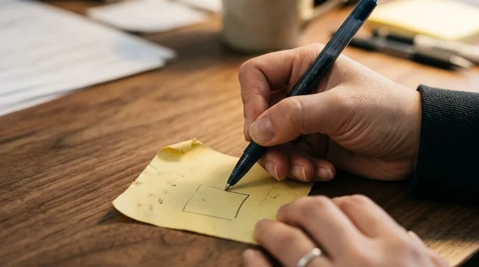 A marketer's hand drawing a blank square on a dog-eared sticky note with a ballpoint pen.