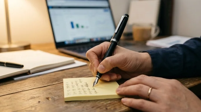 A hand writing on a yellow sticky note with a fountain pen under warm desk light.