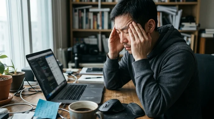 A UX designer pressing his temples in front of a laptop.