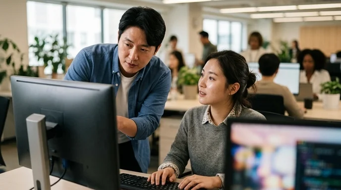 Two Korean colleagues looking at a monitor together in a modern office with hands on a keyboard.
