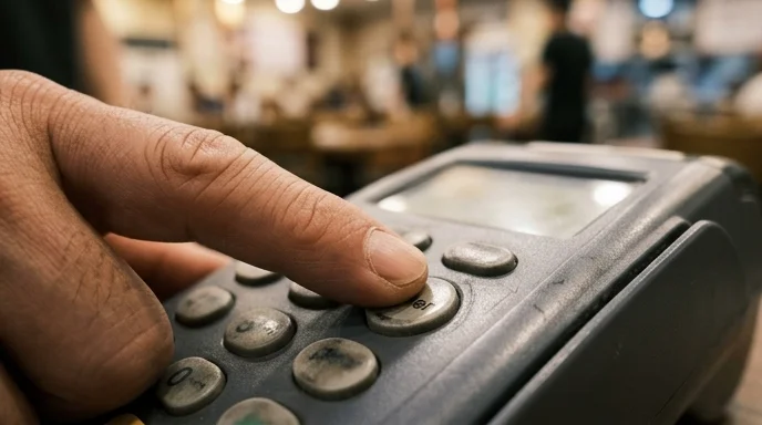 Close-up of a Korean waiter's hand pressing worn buttons on a plastic card terminal.