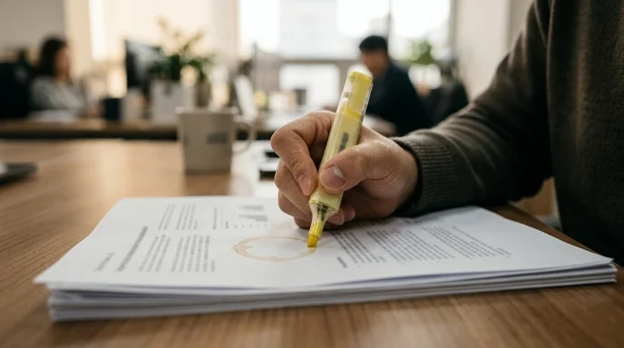 A planner's hand marking an out-of-focus printed report with a yellow highlighter next to a coffee ring.