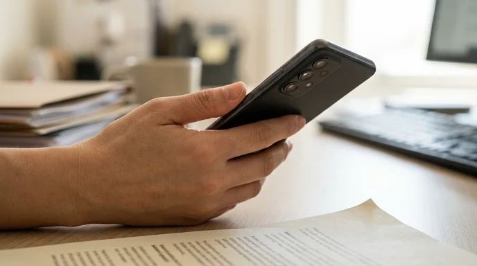 A marketer's hand holding a smartphone over a printed document on a desk.