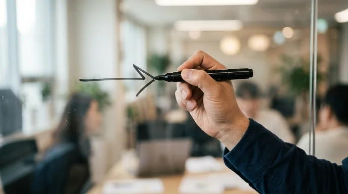 A Korean marketer's hand marking a clear glass board with a marker in a bright office.