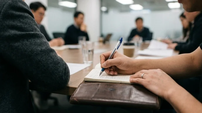A Korean employee's hand writes in a smudged notebook during a roundtable discussion with a colleague.