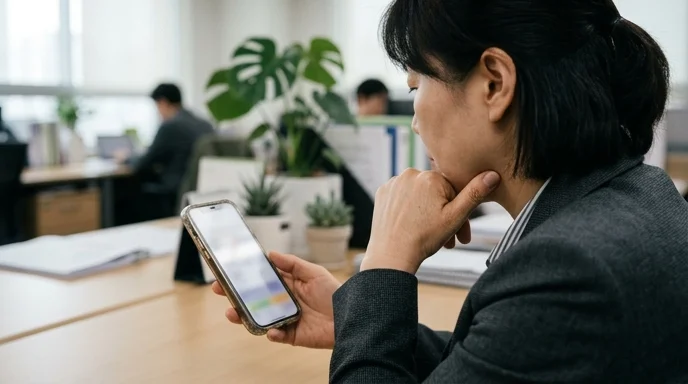 A Korean manager resting her chin on one hand while holding a smartphone in a quiet office setting.