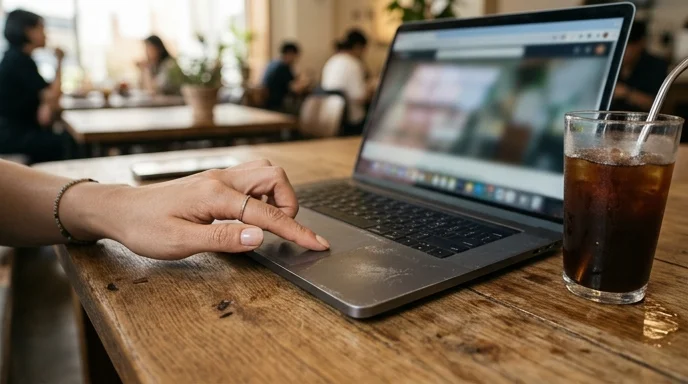 A person's hand pressing a laptop touchpad on a wooden desk.