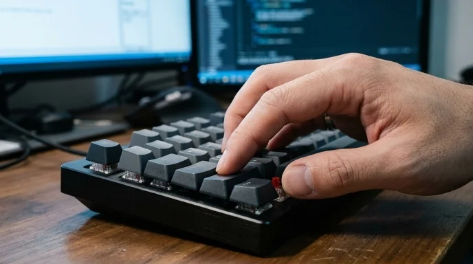 A technician's hand pressing keys on a mechanical keyboard under cool monitor light.