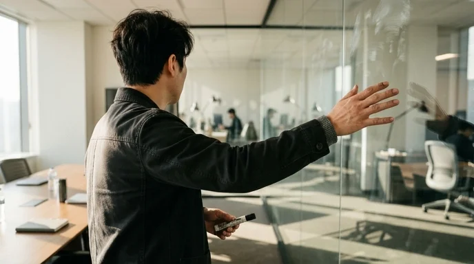 Back view of a Korean developer gesturing towards a glass wall with a worn marker.