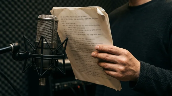 A Korean actor's hand holding an out-of-focus script near a microphone.