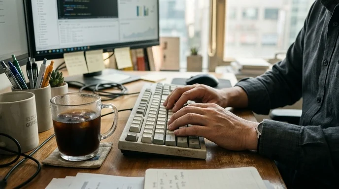 A Korean office worker's hands resting on a worn keyboard next to a mug of cold coffee.