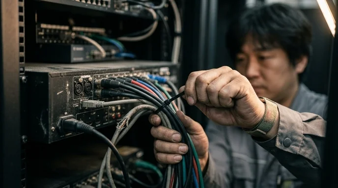 A technician's hand organizing cables behind an AV processor in a rack.