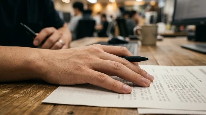 A Korean developer's hand resting on a printed report with out-of-focus text on a wooden desk.