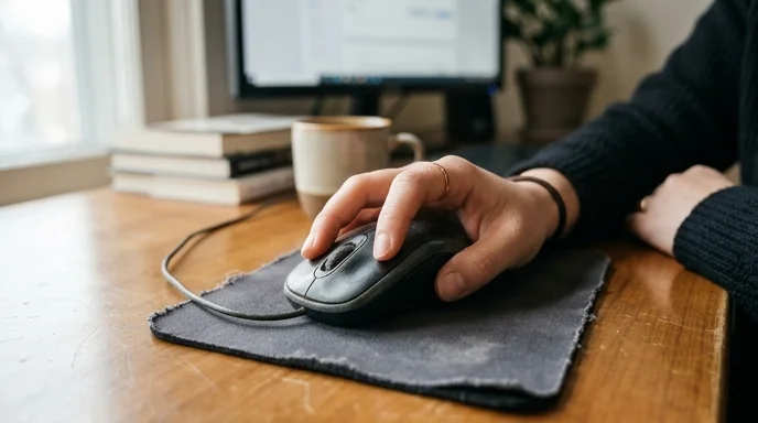 A close-up of a Korean planner's hand clicking a computer mouse on a desk.