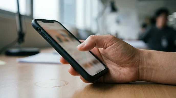 A marketer's hand holding a generic smartphone and swiping the screen in an office.