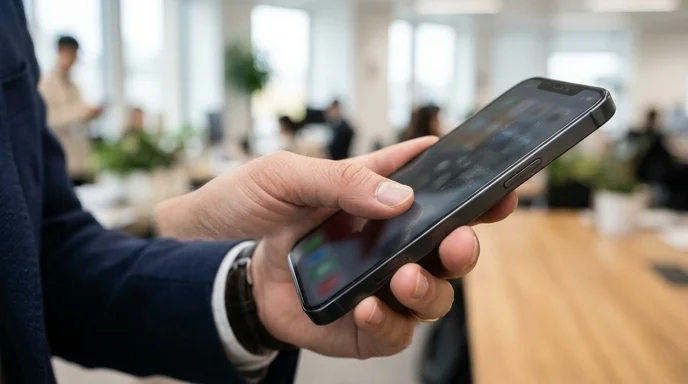 A Korean professional's hand swiping a smudged smartphone screen in a bright office setting.
