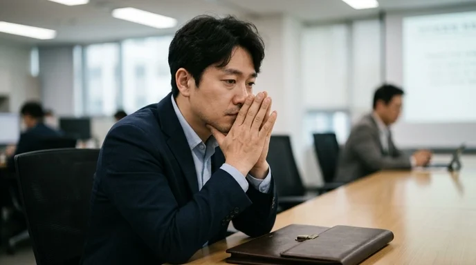 A Korean meeting attendee with clasped hands over the mouth sitting at a conference table.
