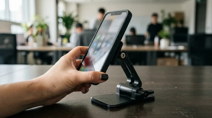 A Korean hand carefully rotates a smartphone on a desk mount to a vertical position.