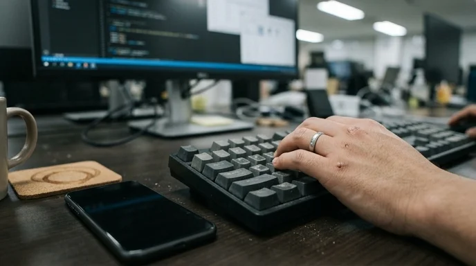 A developer's hand resting on a worn wireless keyboard next to a smartphone.