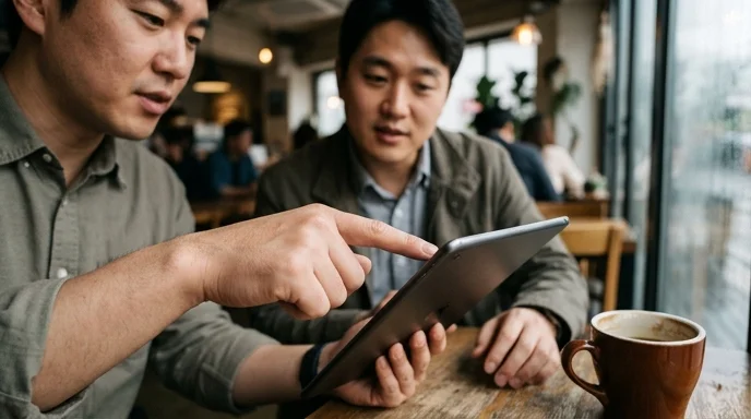 Two Korean colleagues sitting side by side pointing at the edge of a tablet screen.