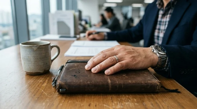 Close-up of a Korean manager's hand resting on a well-worn leather notebook next to a mug of cold coffee.