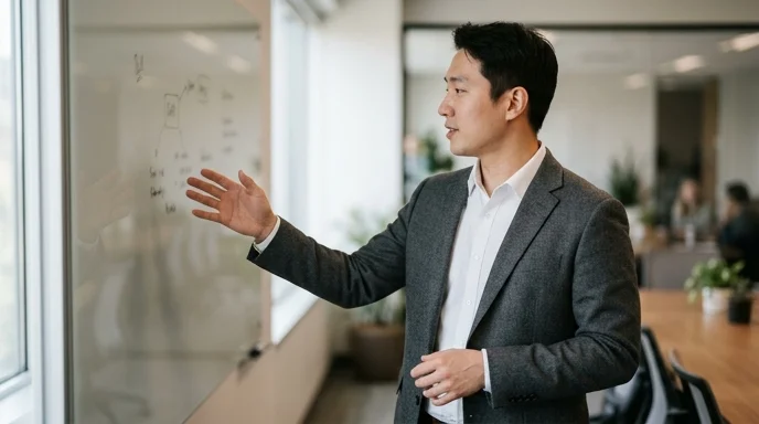 A Korean presenter gesturing in front of a glass whiteboard in a conference room with soft afternoon light.
