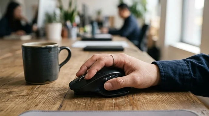 A Korean marketer's hand holding a wireless mouse on a desk to review test results in a sunny room.