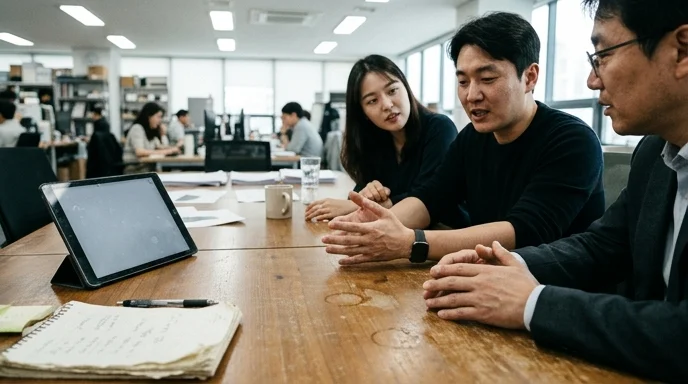 Three Korean colleagues discussing around a meeting table with hands gesturing.
