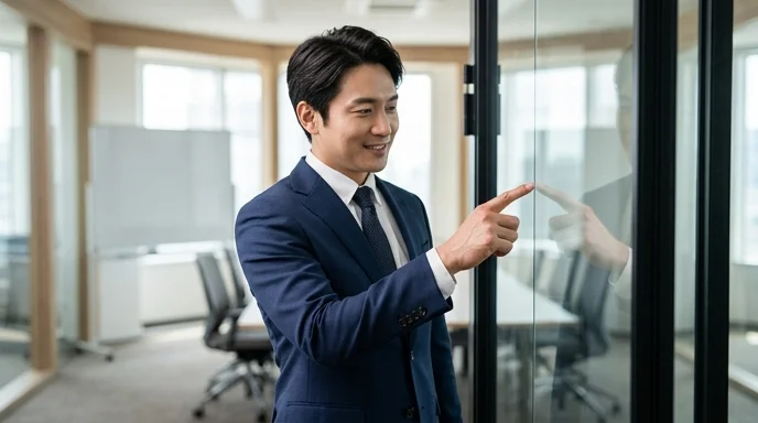 A Korean professional standing in front of a clear glass wall and pointing at it from behind.