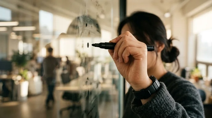 A Korean planner's hand marking a transparent glass wall with a black marker in a modern office.